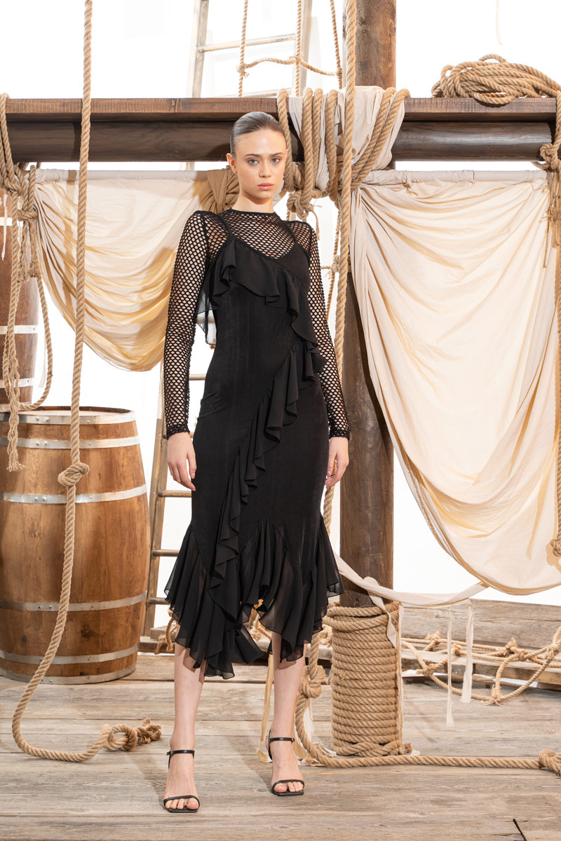 Black Net-Insert Long-Sleeve Ruffle Dress