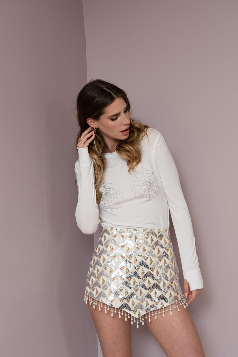 Offwhite Embroidered Beaded Skirt with Lining