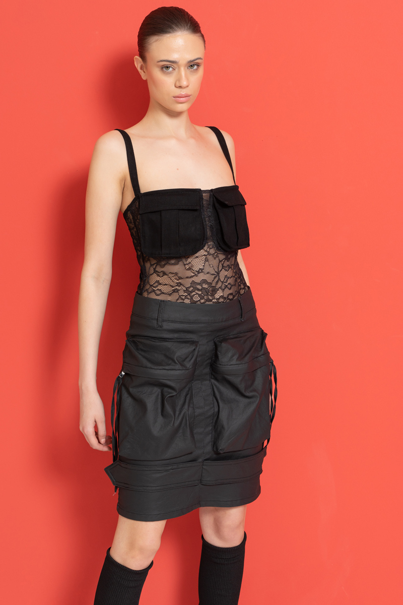 Wholesale Black Cami Lace Bodysuit with Pockets