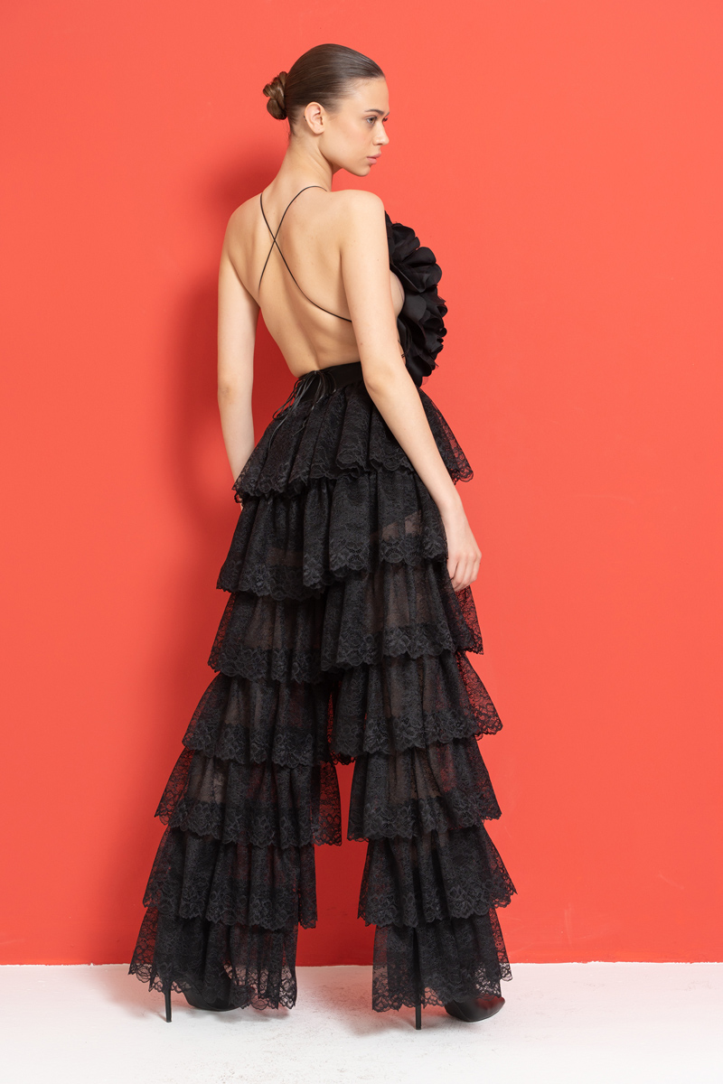 Black Tiered-Ruffle Mesh Pants