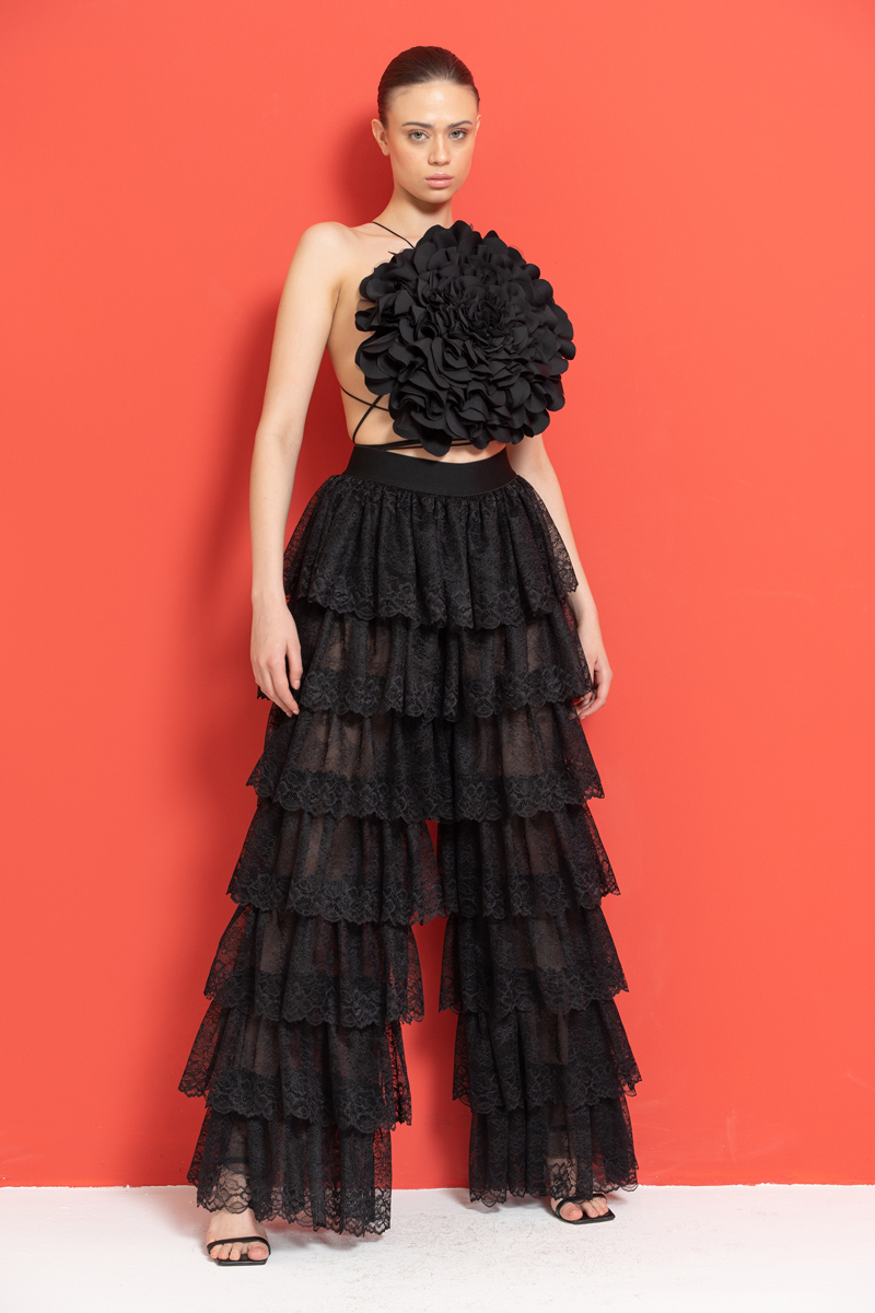 Black Tiered-Ruffle Mesh Pants