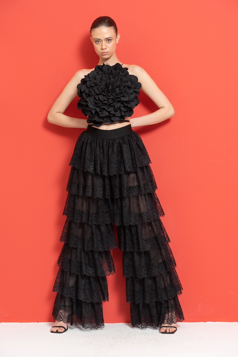 Black Tiered-Ruffle Mesh Pants