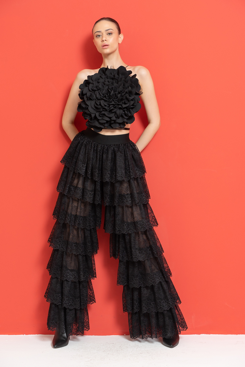 Black Tiered-Ruffle Mesh Pants