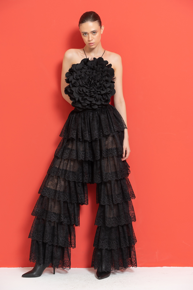 Black Tiered-Ruffle Mesh Pants