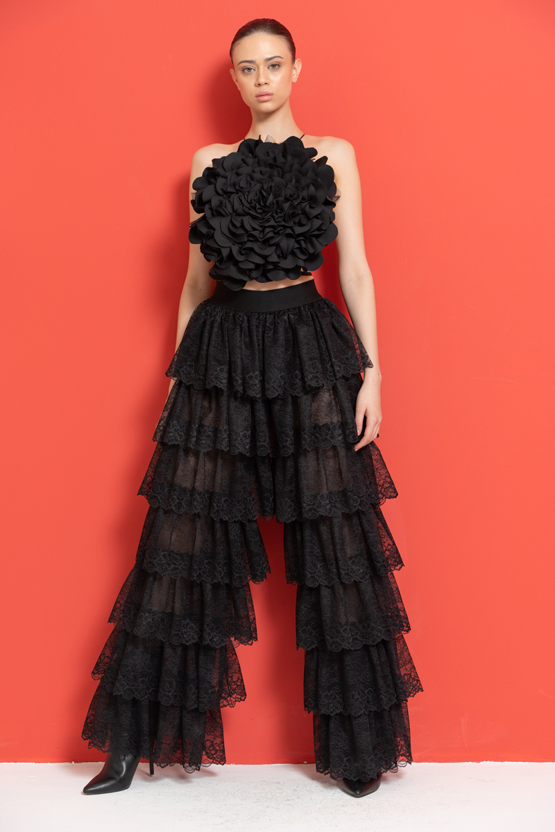 Black Tiered-Ruffle Mesh Pants