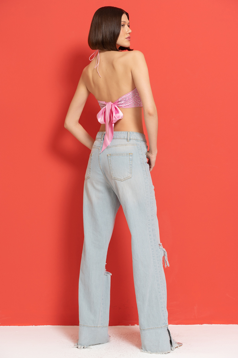 Wholesale Tie-Back Pink Satin Crop