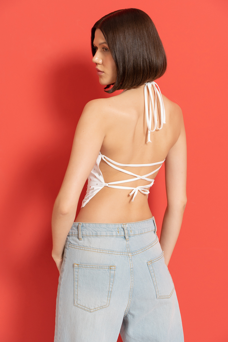 Wholesale Offwhite Backless Halter Satin Top