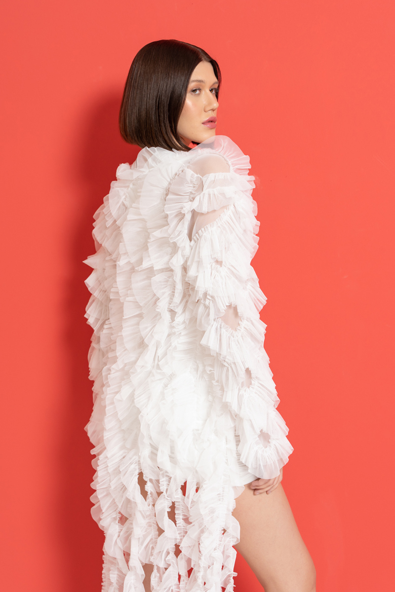 Toptan Off white Farklı Bağlamalı Büzgülü Mini Elbise