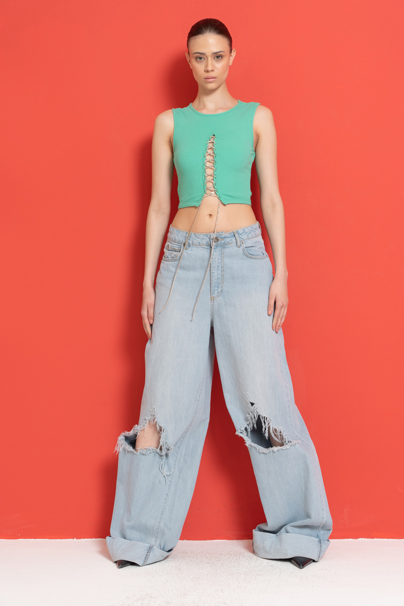 New Green Chain-Front Cropped Top