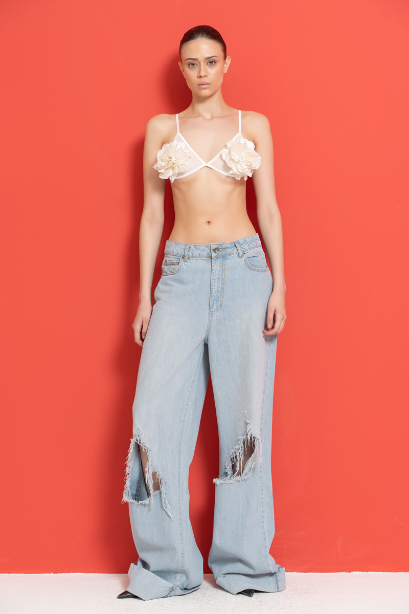 Offwhite Rose-Accent Mesh Bralette