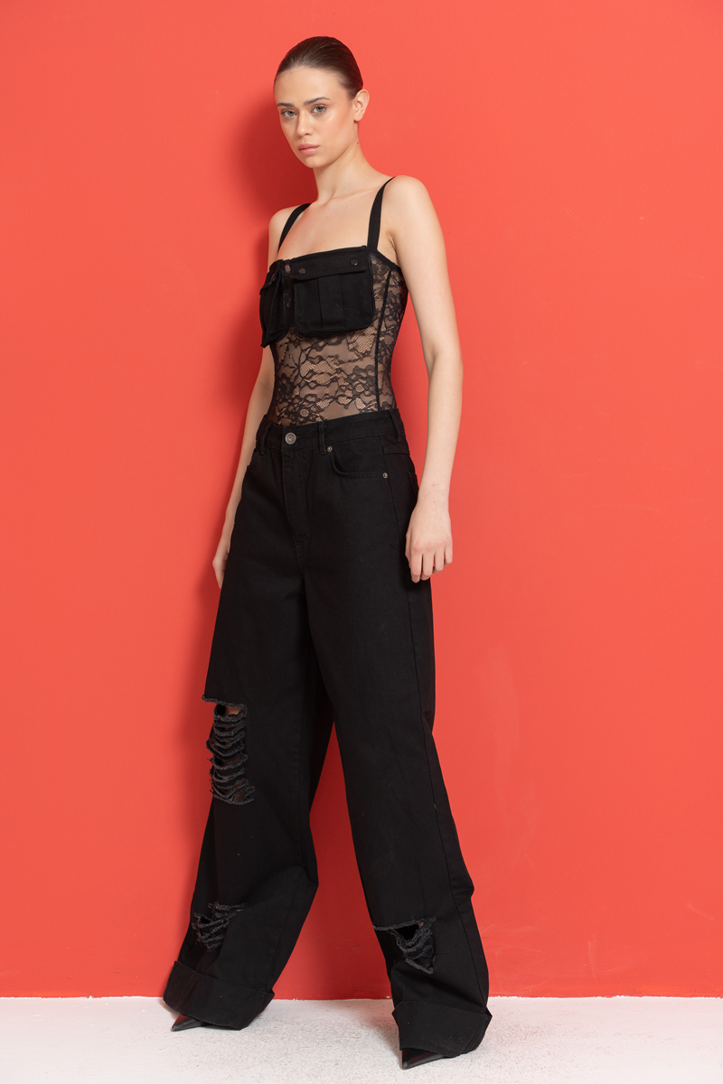 Wholesale Black Cami Lace Bodysuit with Pockets