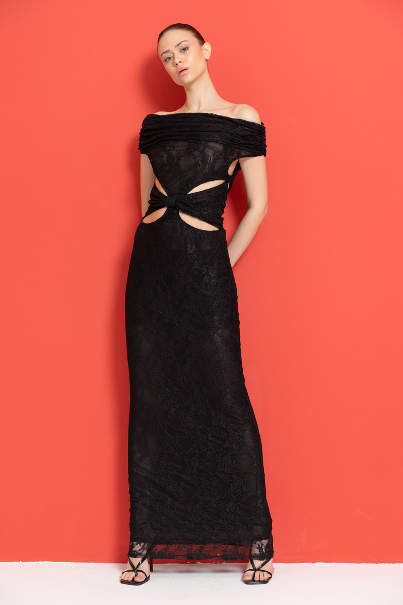 оптовая черный Off-the-Shoulder Lace Maxi Dress