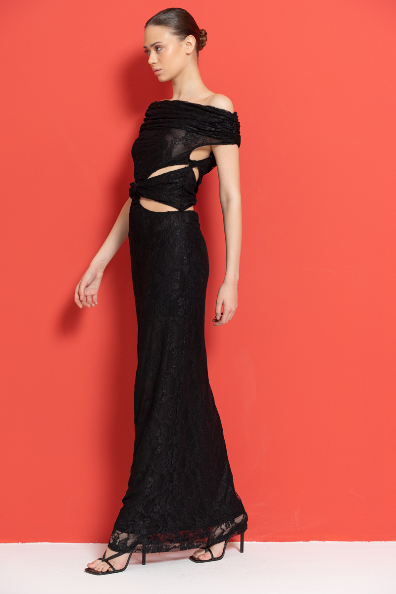 оптовая черный Off-the-Shoulder Lace Maxi Dress