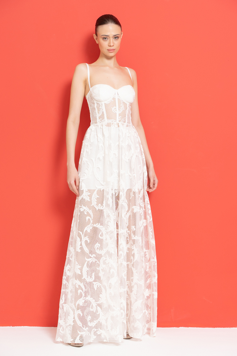 Offwhite Embroidered Mesh Cami Maxi Dress