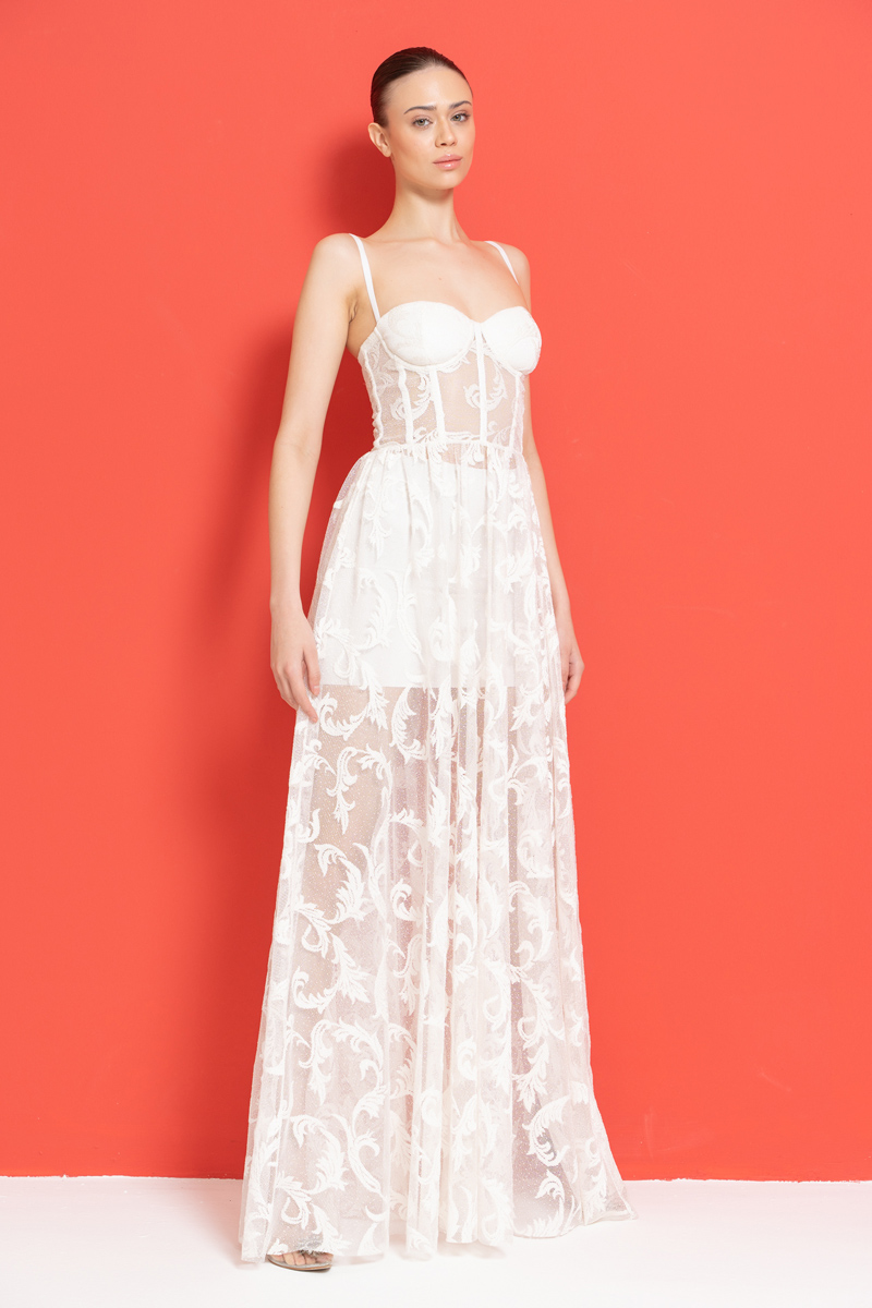 Offwhite Embroidered Mesh Cami Maxi Dress