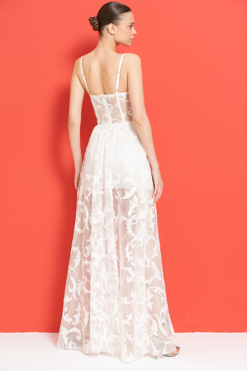 Offwhite Embroidered Mesh Cami Maxi Dress