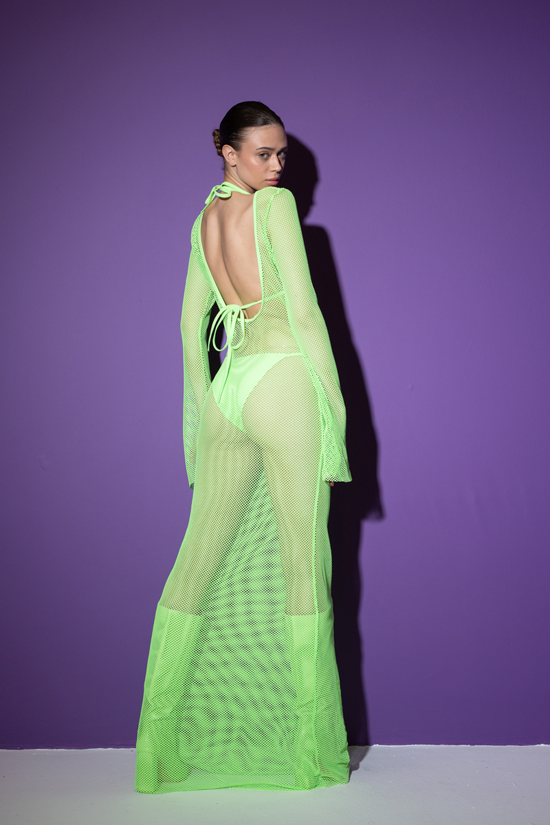 Wholesale Neon Green Net Dress with Triangle Bikini Set