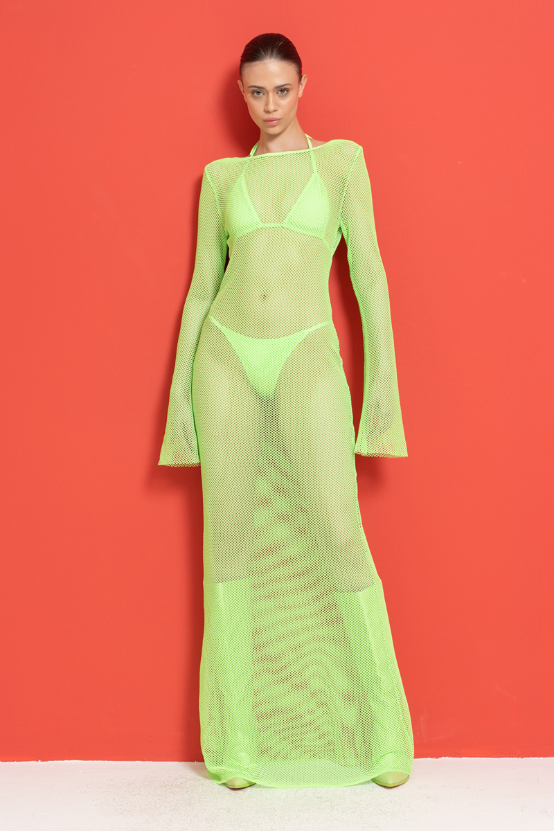 Wholesale Neon Green Net Dress with Triangle Bikini Set