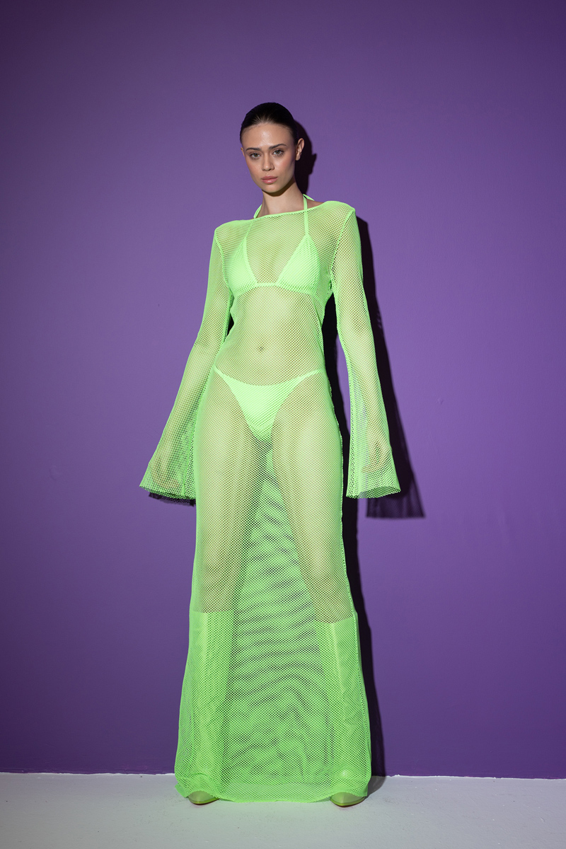 Toptan Neon Green Üçgen Bikini Takımlı File Elbise