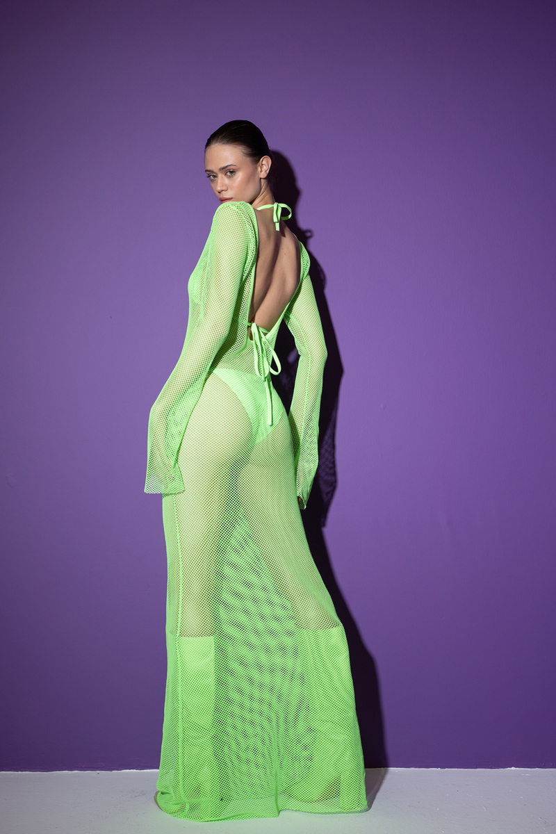 Neon Green Üçgen Bikini Takımlı File Elbise