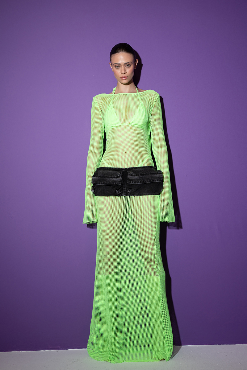 Neon Green Net Dress with Triangle Bikini Set