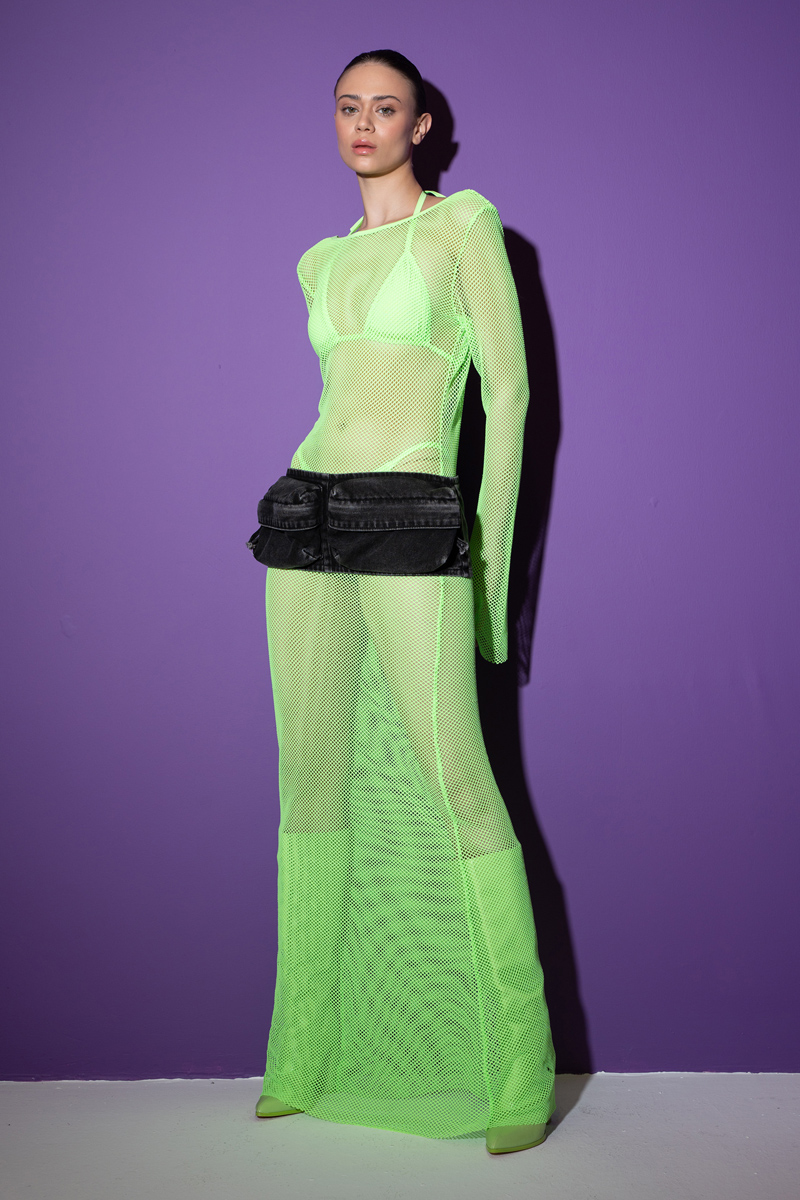 Neon Green Üçgen Bikini Takımlı File Elbise