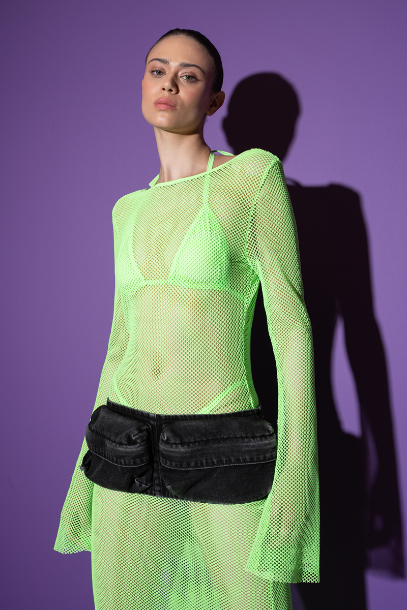 Toptan Neon Green Üçgen Bikini Takımlı File Elbise