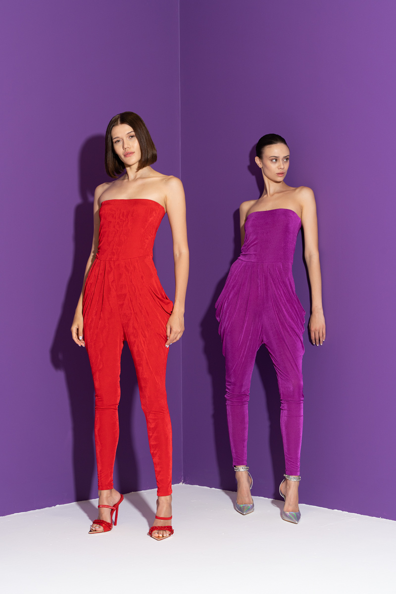 Wholesale Red Pleated Tube Jumpsuit with Pockets