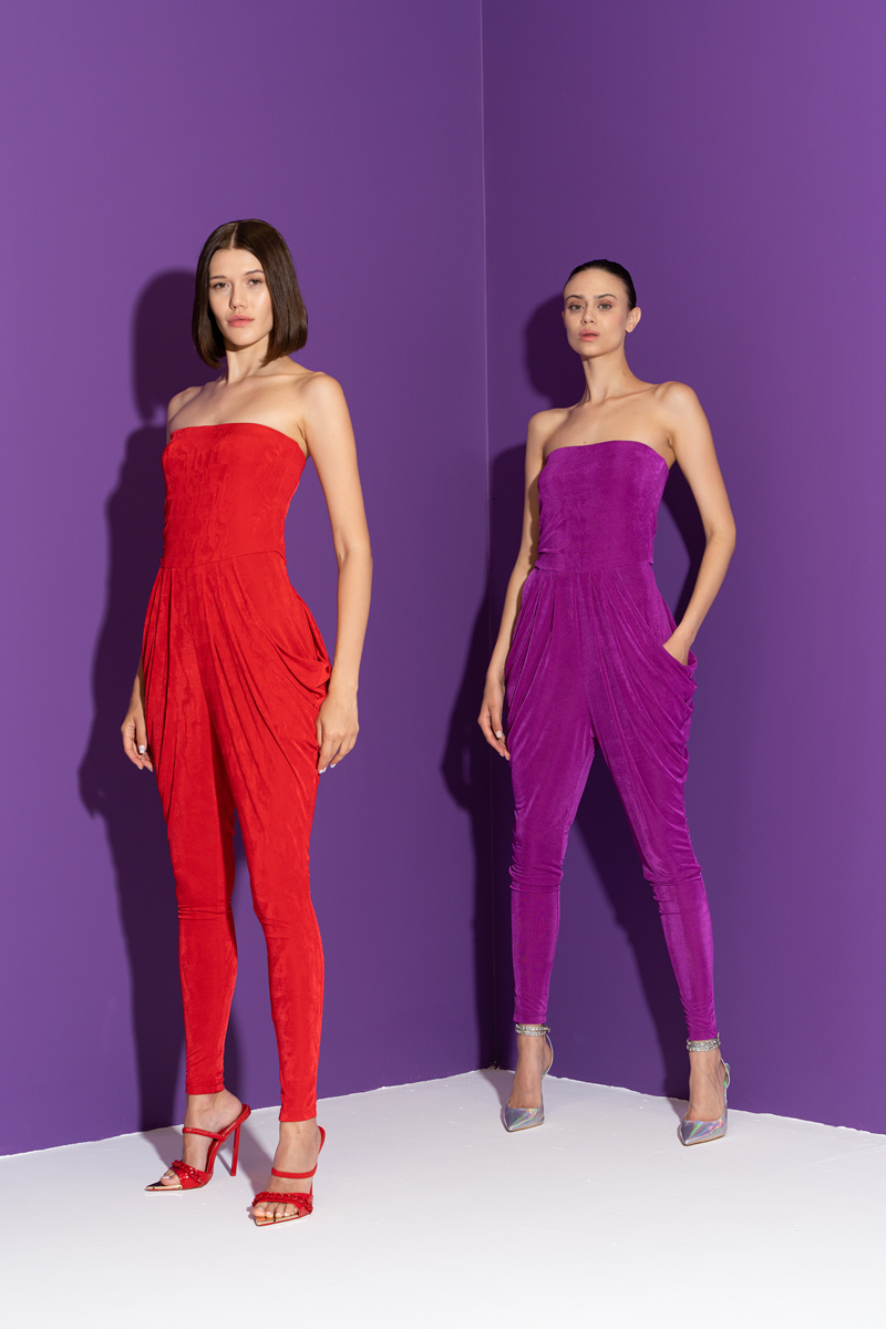 Wholesale Red Pleated Tube Jumpsuit with Pockets