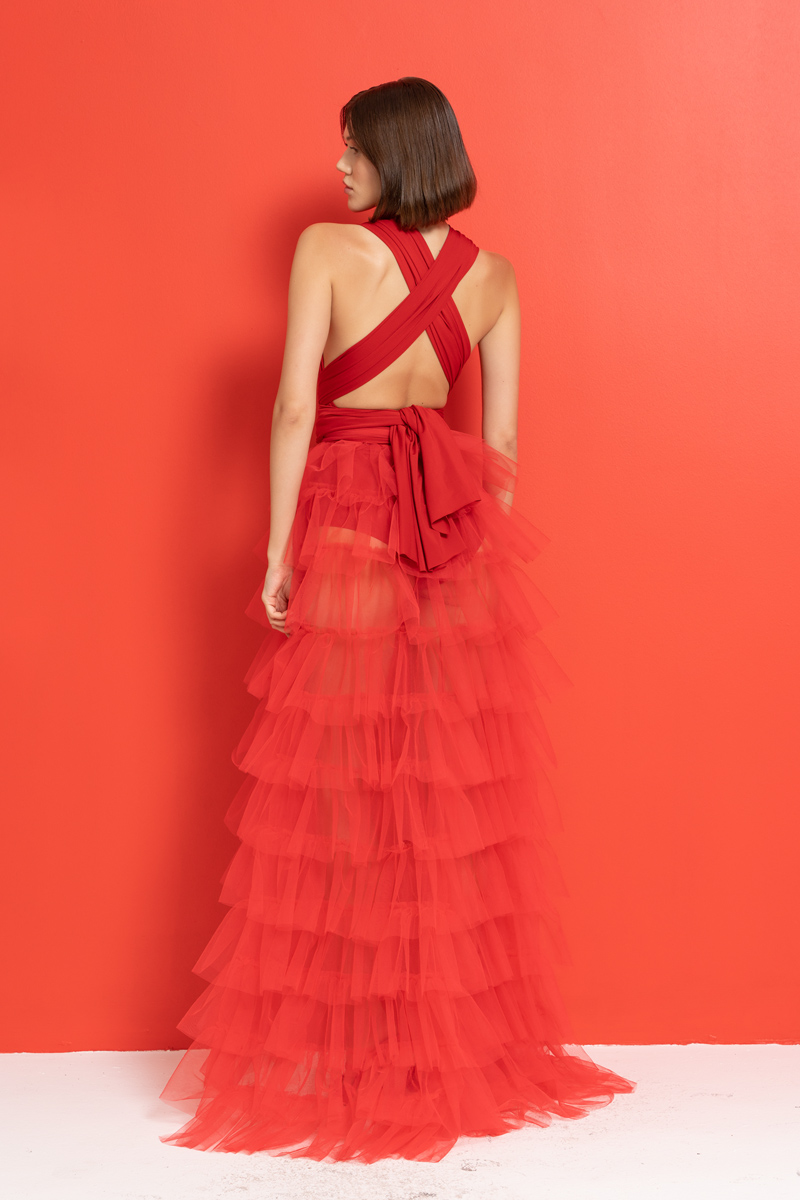 Red Tiered-Ruffle Mesh Peplum