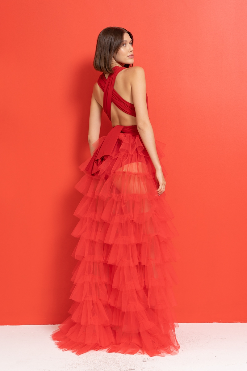 Red Tiered-Ruffle Mesh Peplum