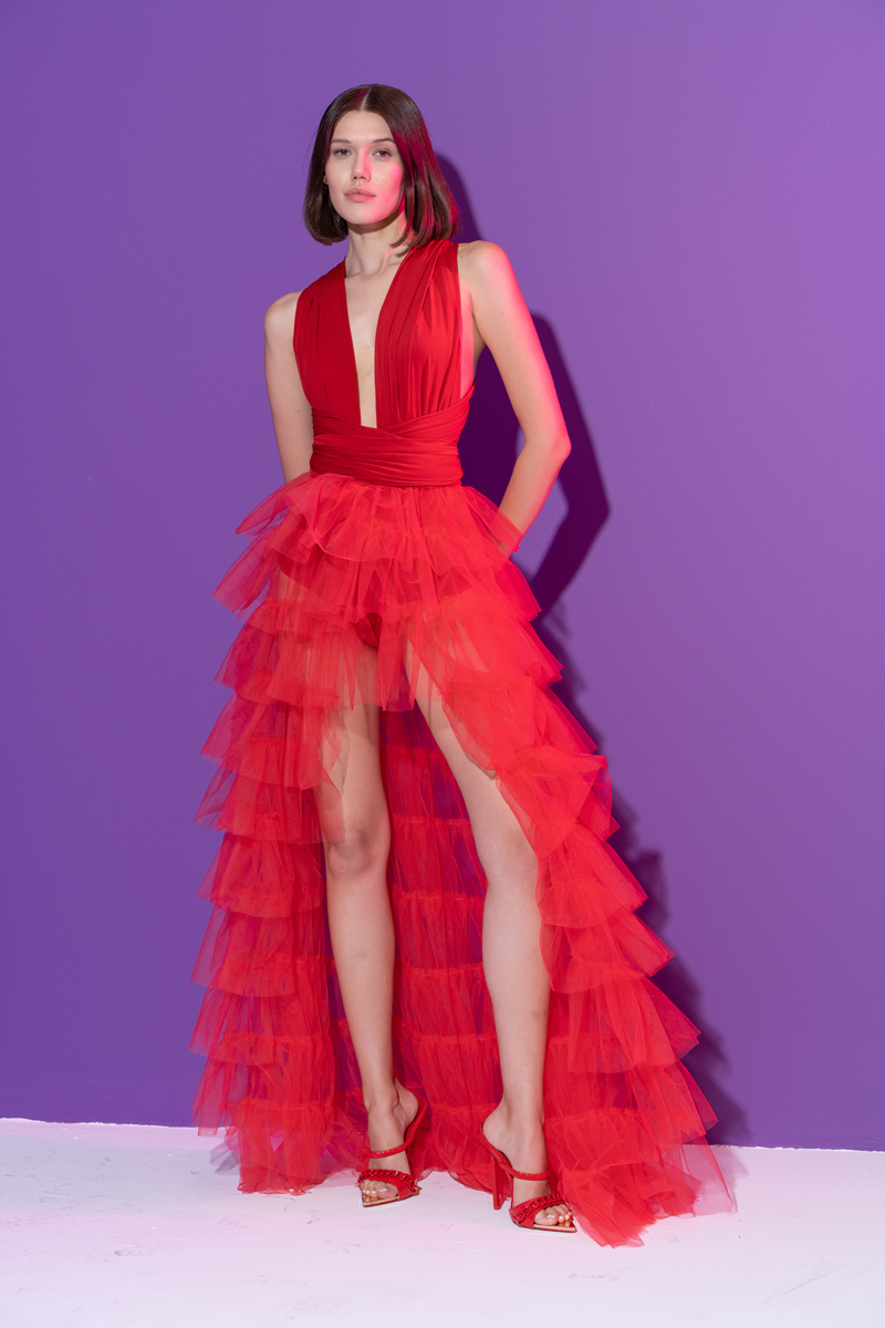 Red Tiered-Ruffle Mesh Peplum