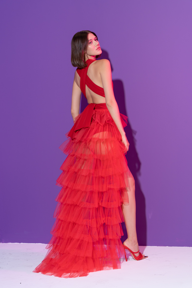 Red Tiered-Ruffle Mesh Peplum