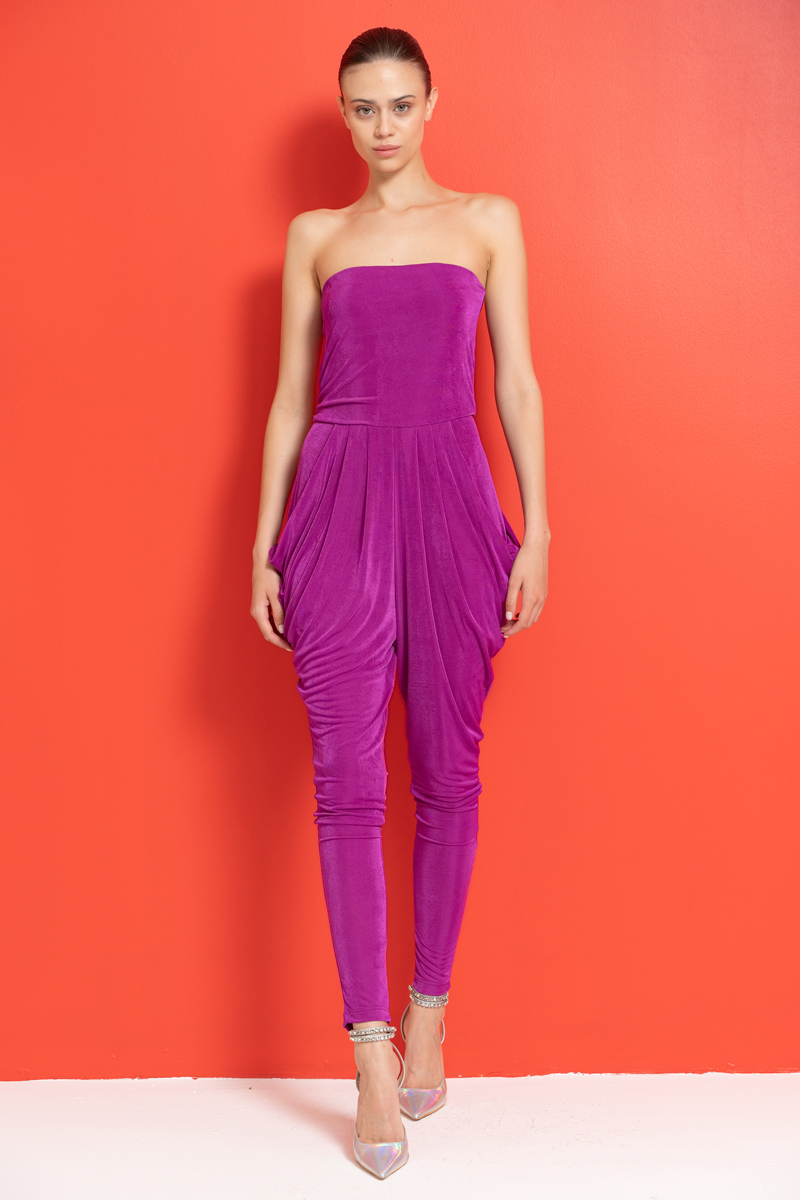 Wholesale Magenta Pleated Tube Jumpsuit with Pockets