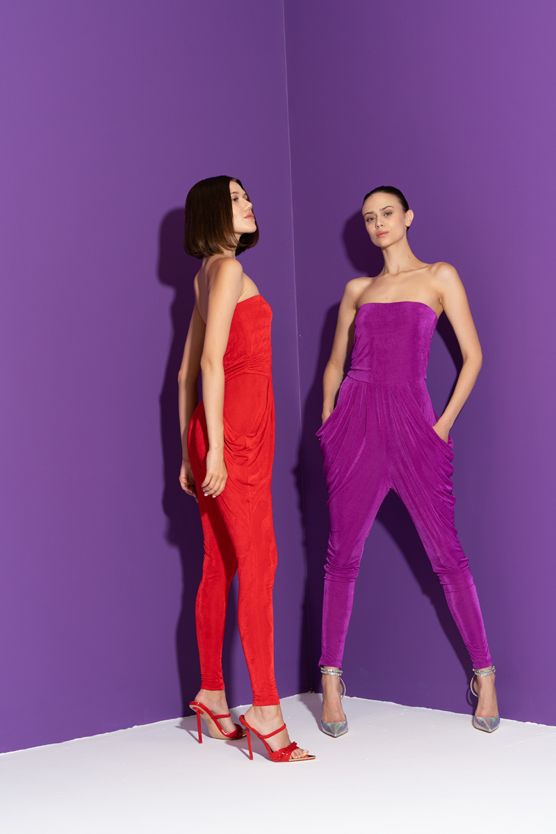 Magenta Pleated Tube Jumpsuit with Pockets