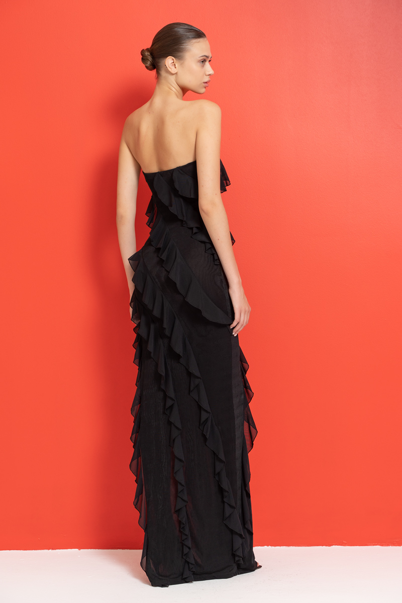 Wholesale Black Ruffle-Trim Split-Side Tube Dress