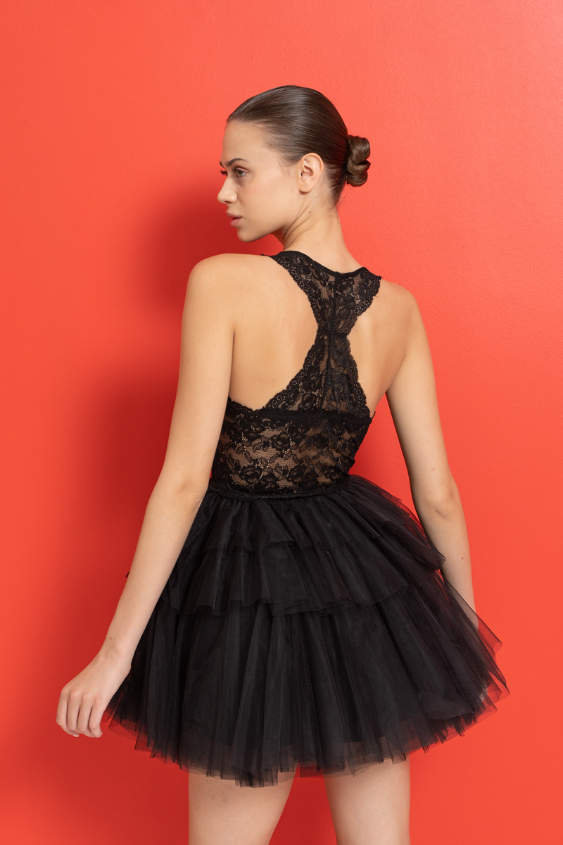 Wholesale Black Lace-Back Tutu Mini Dress