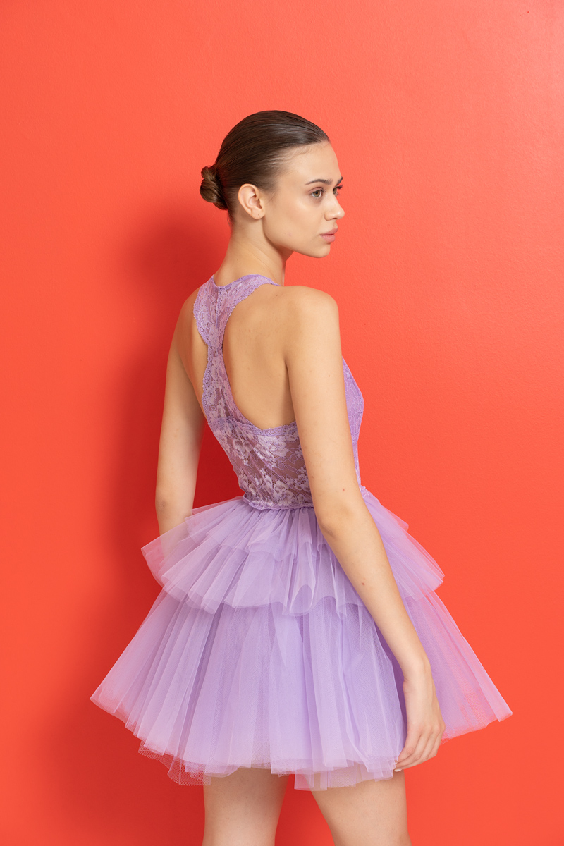 Lilac Lace-Back Tutu Mini Dress
