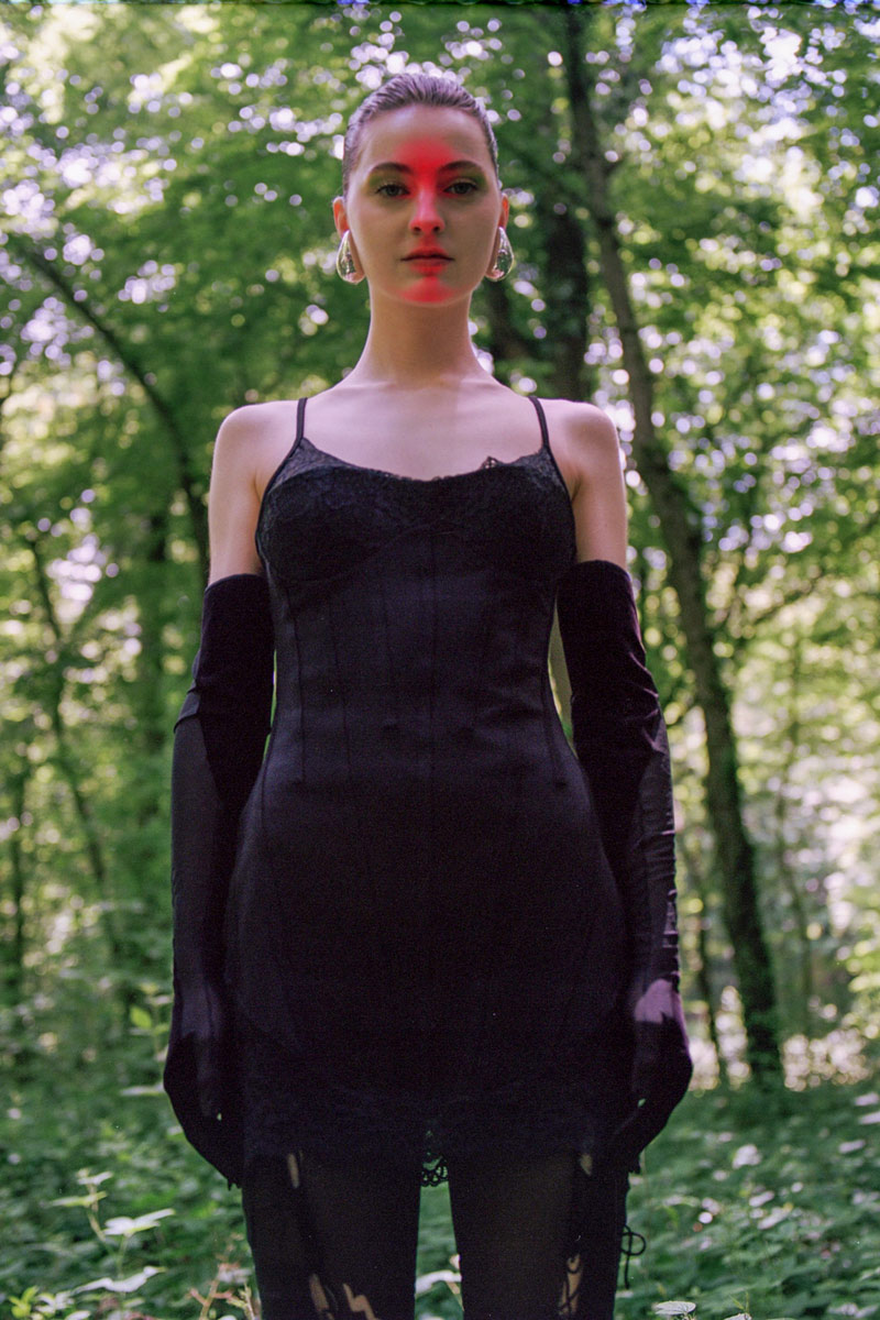 Black Padded Lace-Insert Mini Dress