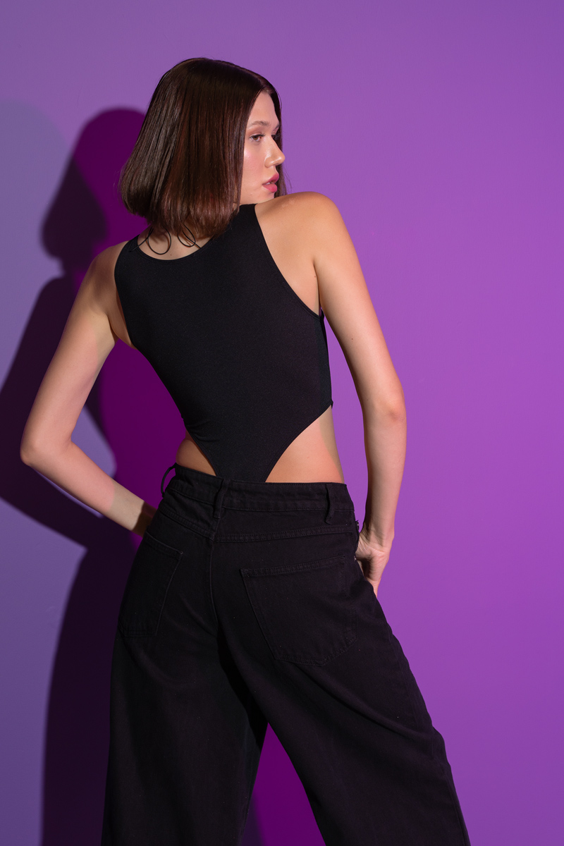 Wholesale Black Cut Out Front Snap-Crotch Bodysuit