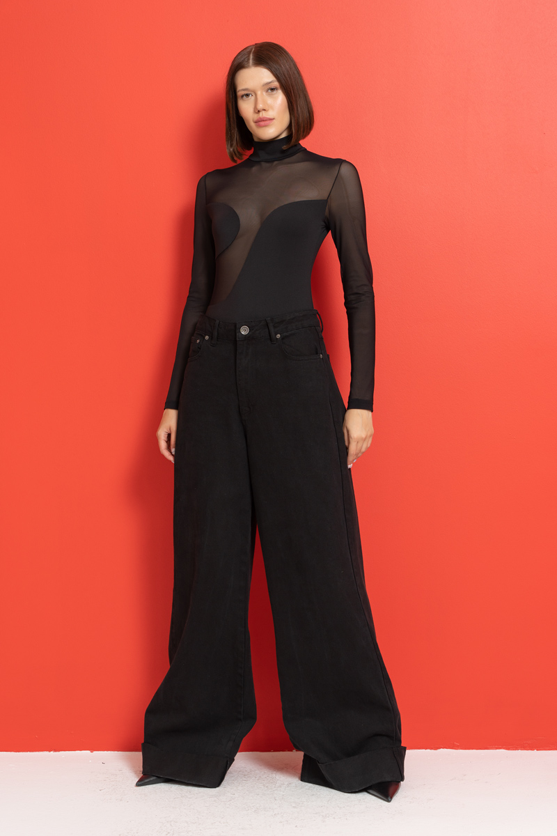 Wholesale Sheer Black Mock Neck Long-Sleeve Bodysuit