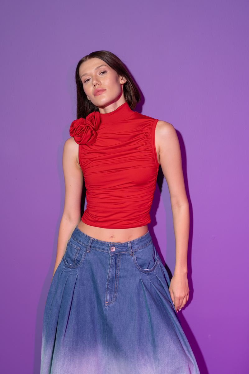 Red Rose-Accent Shirred Top