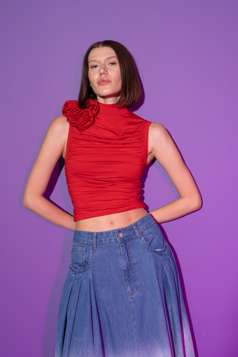 Red Rose-Accent Shirred Top