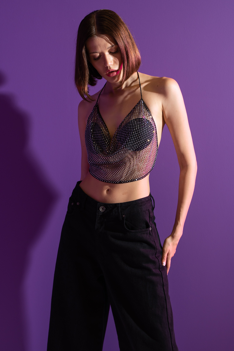 Black-Silver Embellished Halter Net Top