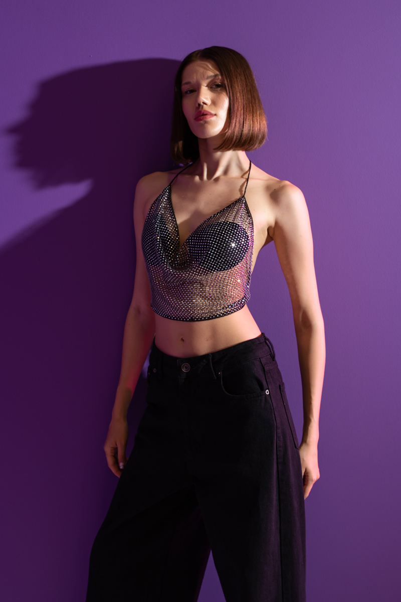 Black-Silver Embellished Halter Net Top