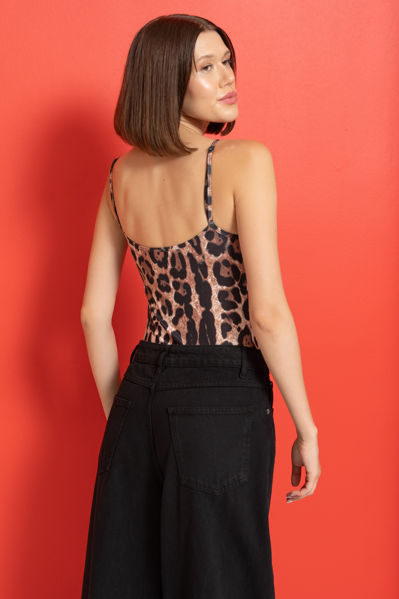 Wholesale Brown Black Leopard Printed Cami Snap-Crotch Bodysuit