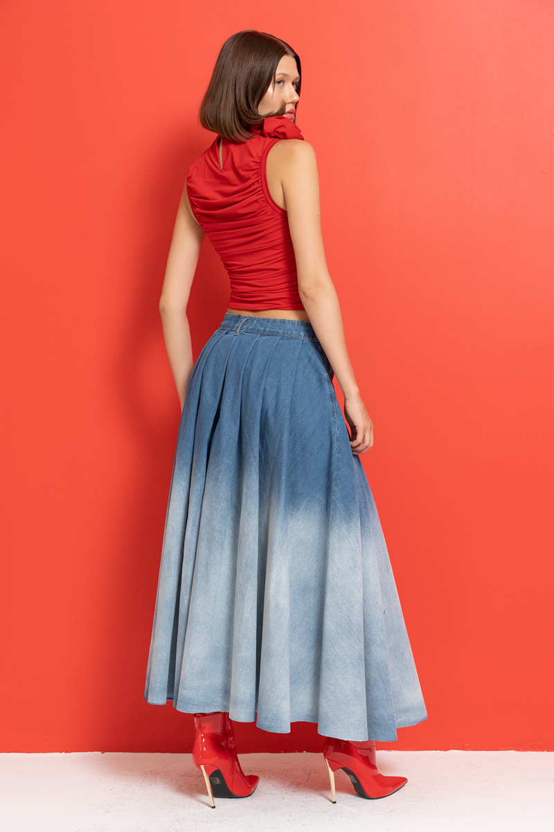 Blue Pleated Denim Maxi Skirt