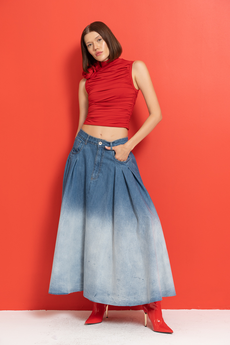 Blue Pleated Denim Maxi Skirt