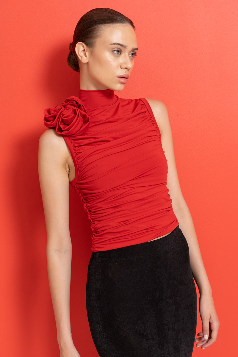 Red Rose-Accent Shirred Top