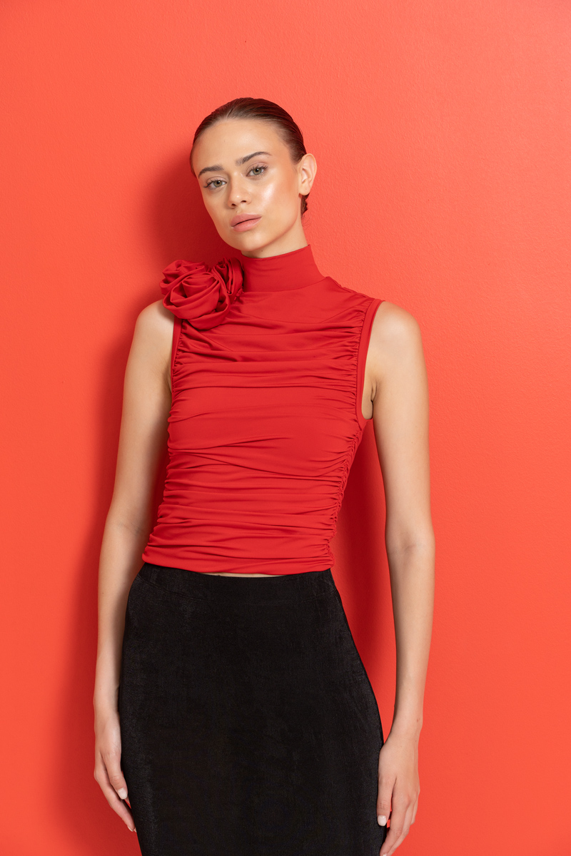 Red Rose-Accent Shirred Top